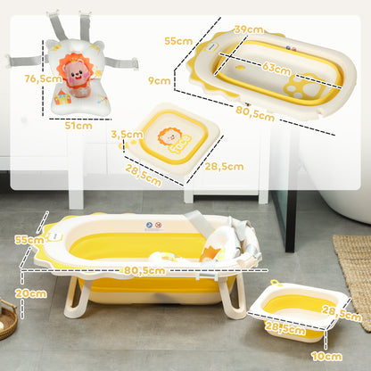 AIYAPLAY Babybadewanne mit Waschbecken, faltbar, rutschfester Boden, komfortables Badekissen, Gelb