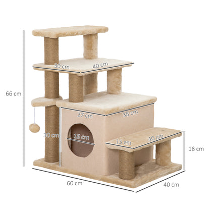 PawHut Haustiertreppe, Kratzbaum, 4 Stufen, Spielball, Häuschen, höhenverstellbar, 60 x 40 x 66 cm, Beige