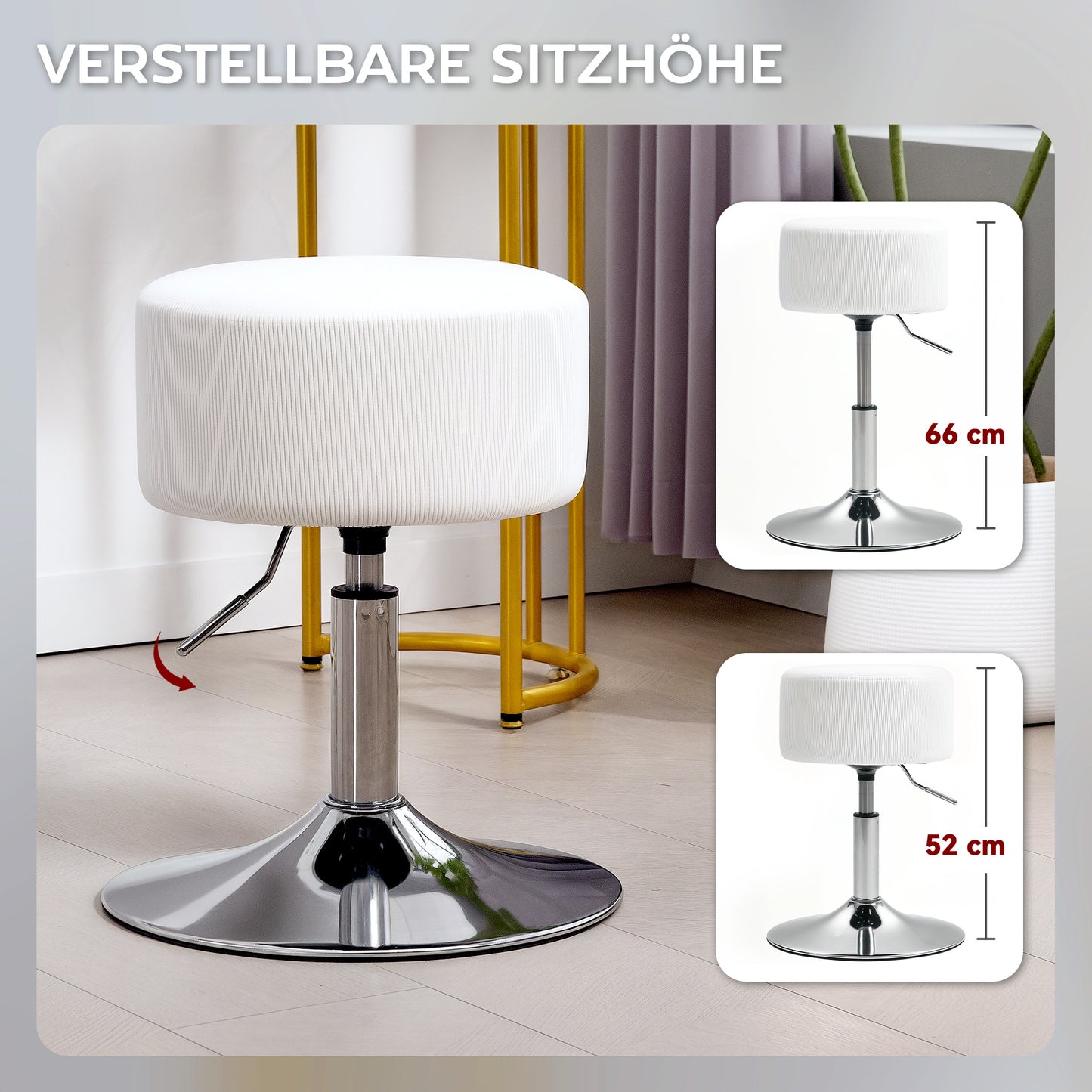 HOMCOM Barhocker, Gepolstert Barstuhl mit Metallgestell, Cordoptik, Höhenverstellbar 360° Drehbar Weiß