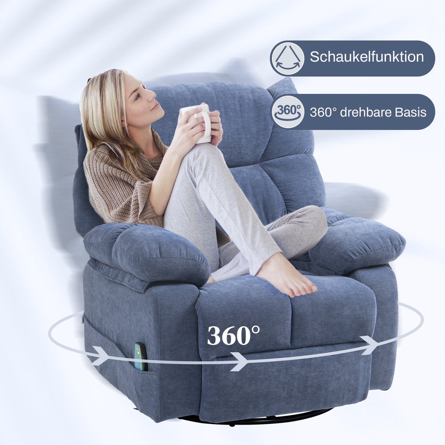 HOMCOM Massagesessel mit Wärme- & Liegefunktion, drehbar, bis 150 kg, Metallgestell, 98x90x98cm, Blau