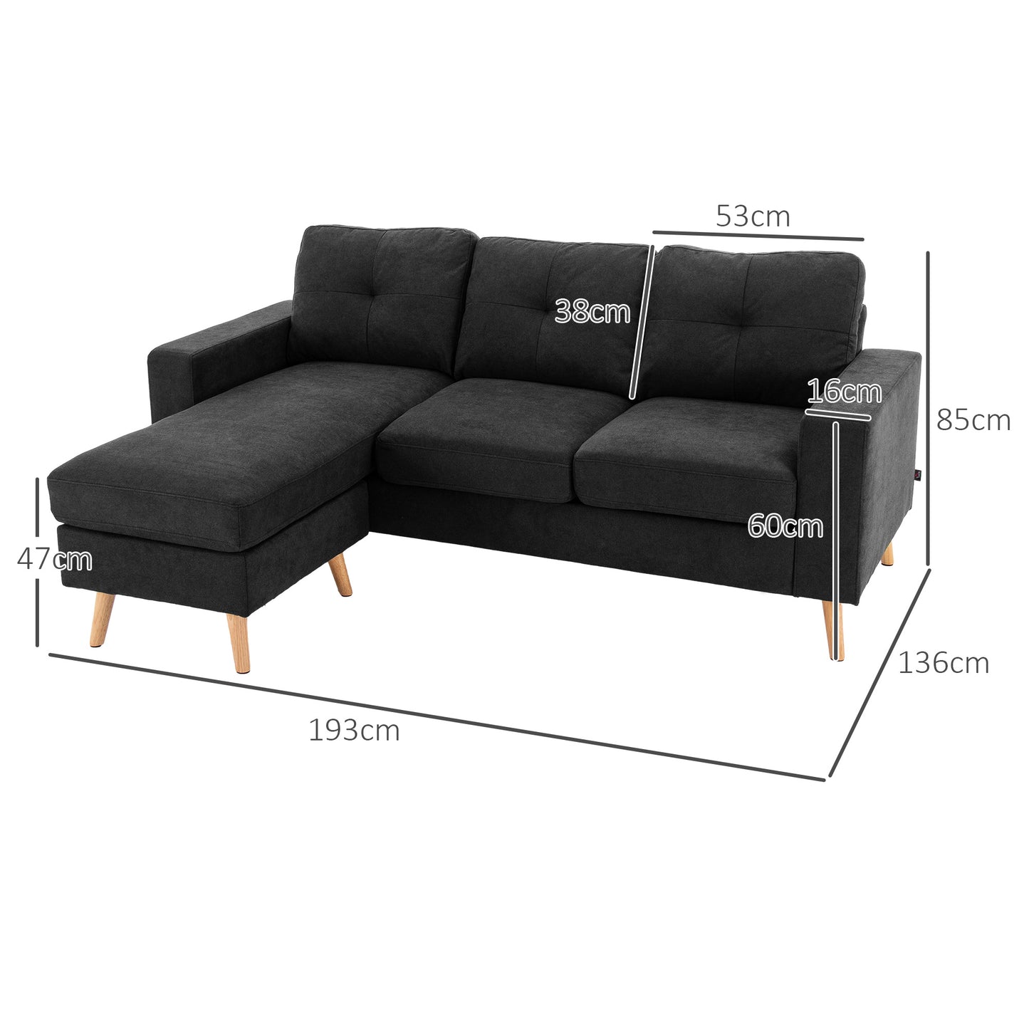 HOMCOM 3-Sitzer-Sofa Sofa Couch Ecksofa, mit Chaiselongue, Knopfheftung, 193 x136 x 85 cm, Schwarz