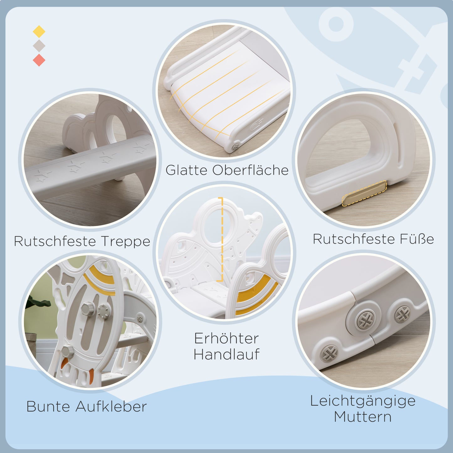AIYAPLAY Rutsche für Kinder 1,5 bis 3 Jahre, Raketen-Design, Sticker-Set, grau, 157 x 46,5 x 80 cm
