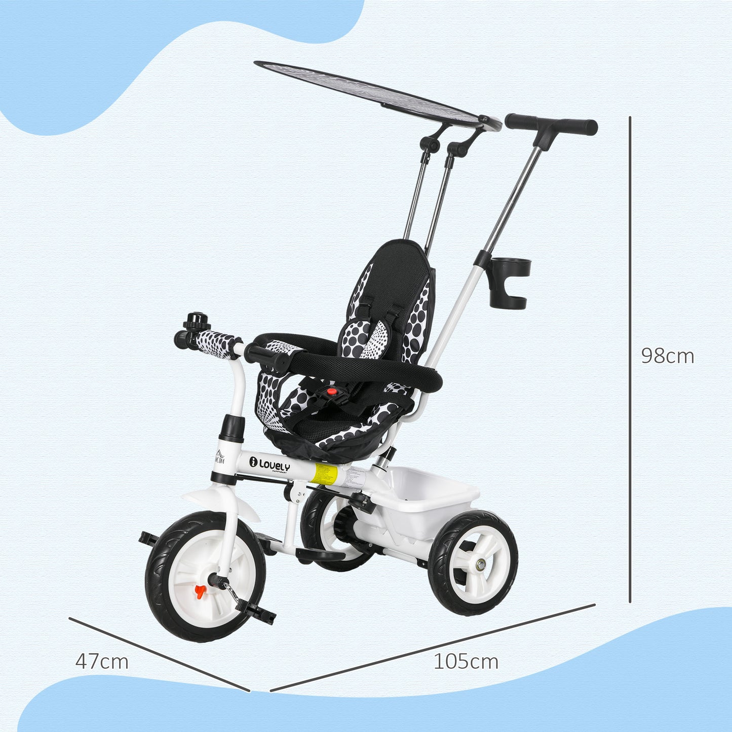 HOMCOM 6-in-1 Kinderdreirad mit Schiebestange, Dach, Gurt, Ablagekorb, für 1-5 Jahre, Weiß