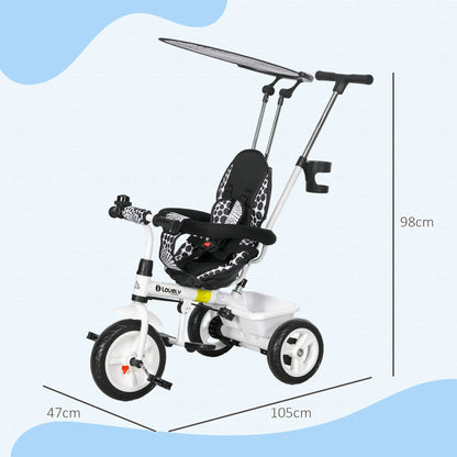 HOMCOM 6-in-1 Kinderdreirad mit Schiebestange, Dach, Gurt, Ablagekorb, für 1-5 Jahre, Weiß