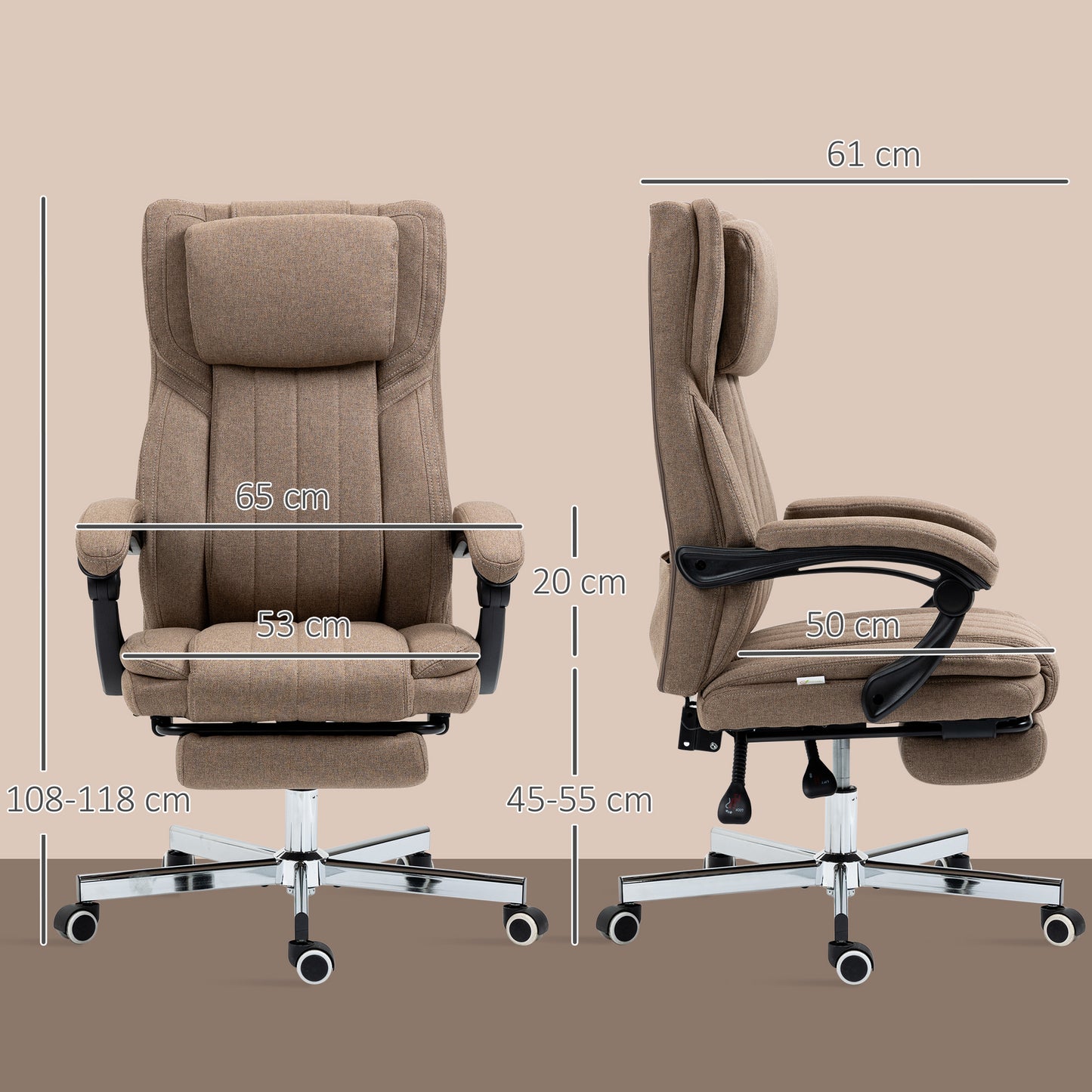 Vinsetto Bürostuhl mit Massagefunktion, neigbare Rücklehne, ausziehbare Fußstütze, Leinenoptik, 65 x 61 x 118 cm, Braun