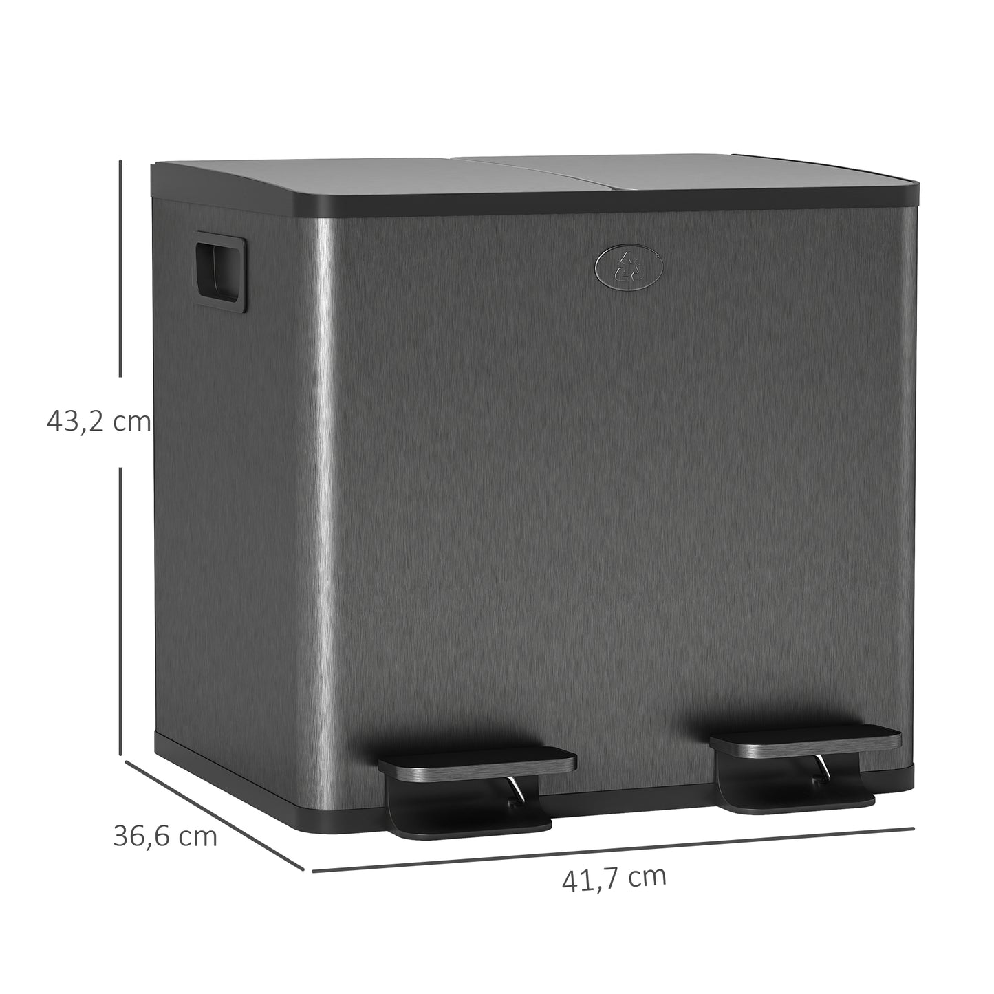 HOMCOM 2 x 15 L Doppelmülleimer, Pedalöffnung, leicht zu reinigen, Edelstahl, Kunststoff, Schwarz