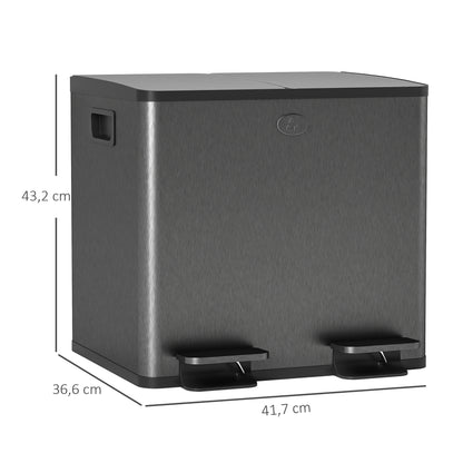 HOMCOM 2 x 15 L Doppelmülleimer, Pedalöffnung, leicht zu reinigen, Edelstahl, Kunststoff, Schwarz