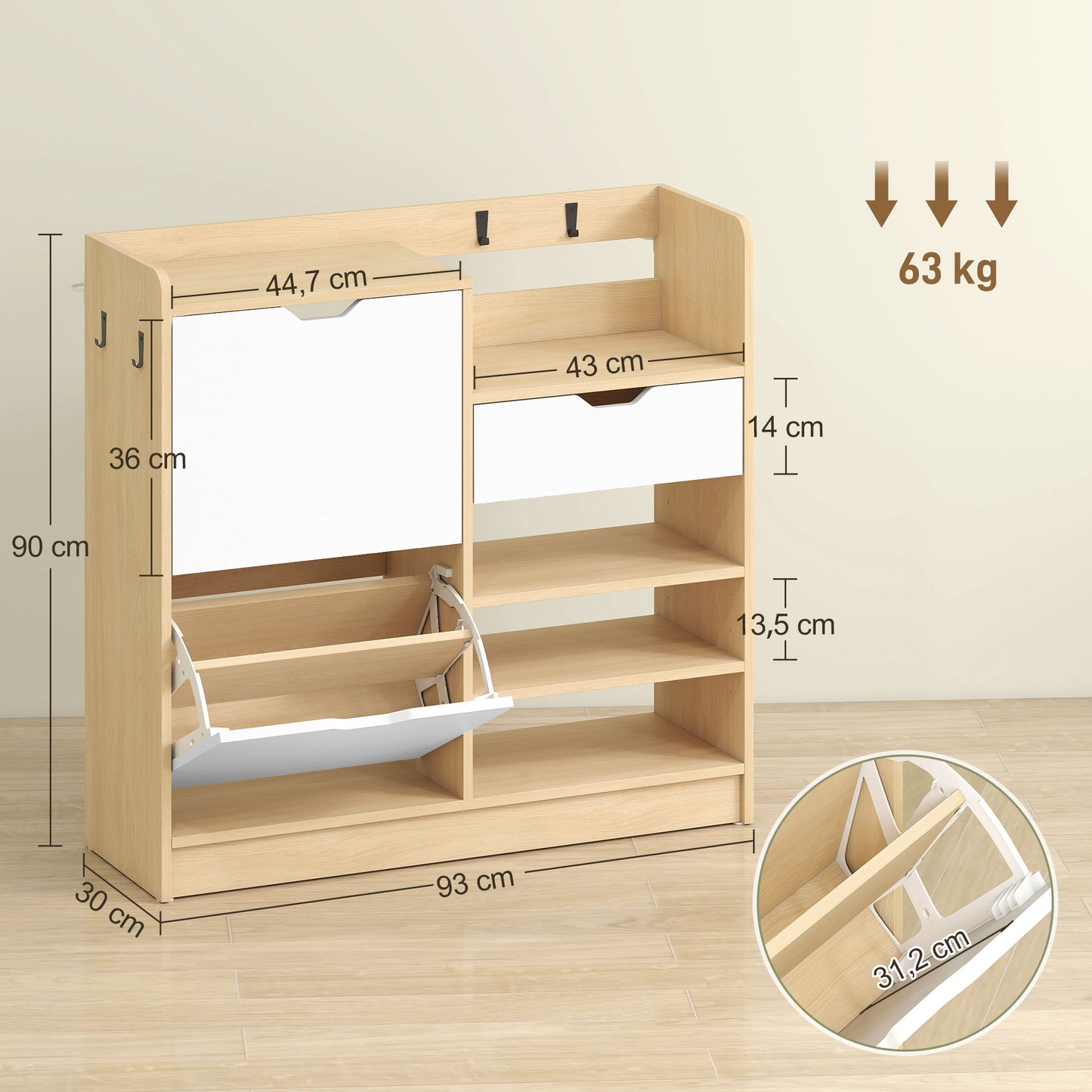 HOMCOM Schuhregal für Flur, Schuhschrank mit Kippschubladen, offenen Regalen, 4 Haken, für bis zu 14 Paar Schuhe, Natur