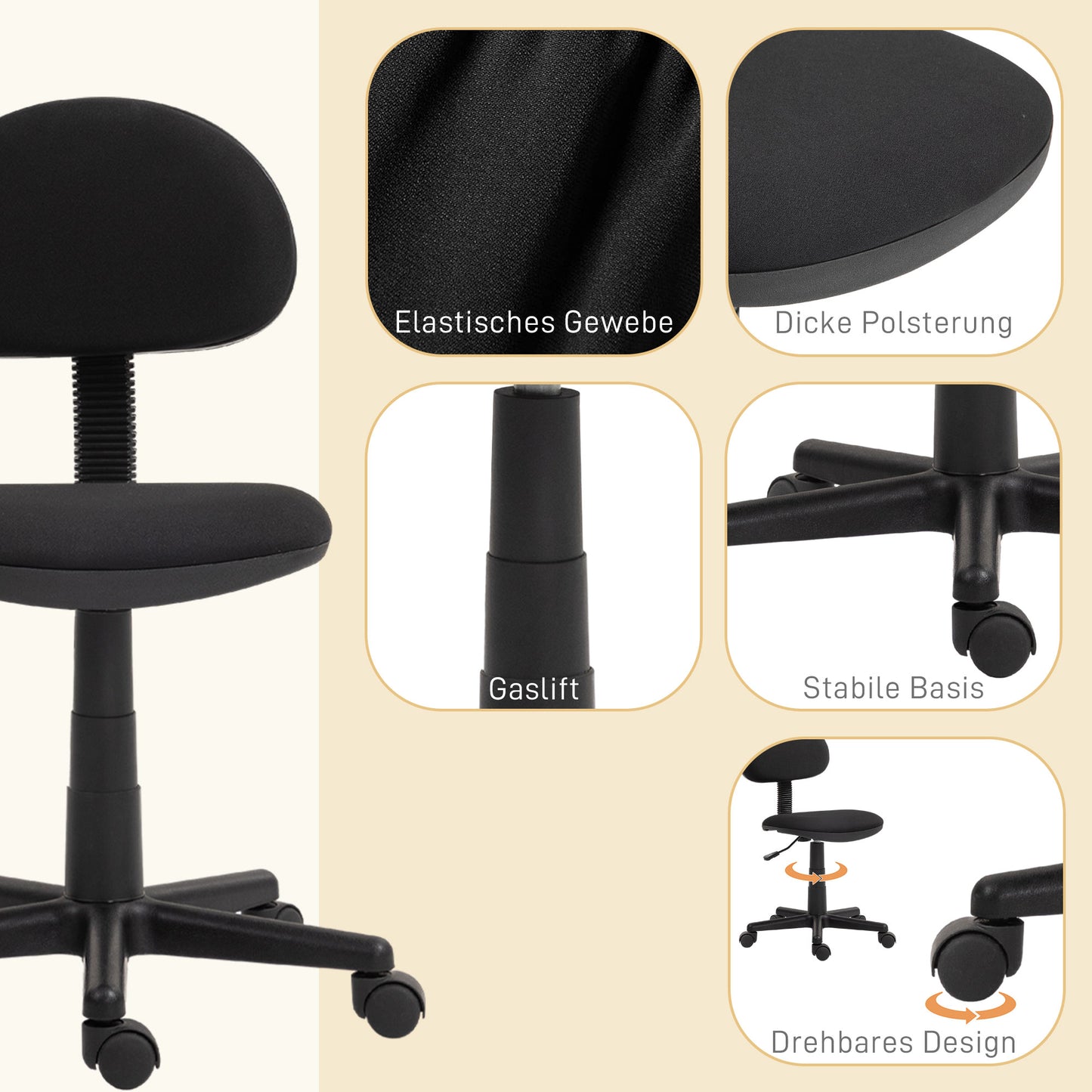 HOMCOM Bürostuhl, armloses Design, niedrige Rückenlehne, rollbar, drehbar, Schwarz
