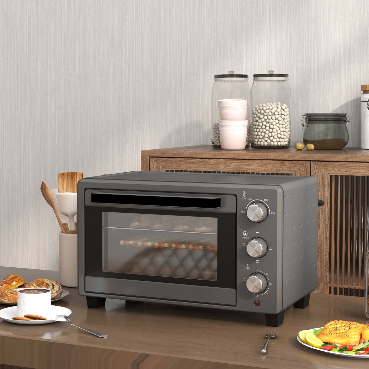 HOMCOM Minibackofen, 21 L Toasterofen mit 1 Drahtgestell und 1 Backblech, 3 Kochmodi, 100 °C-230 °C, Edelstahl, Glas, Grau