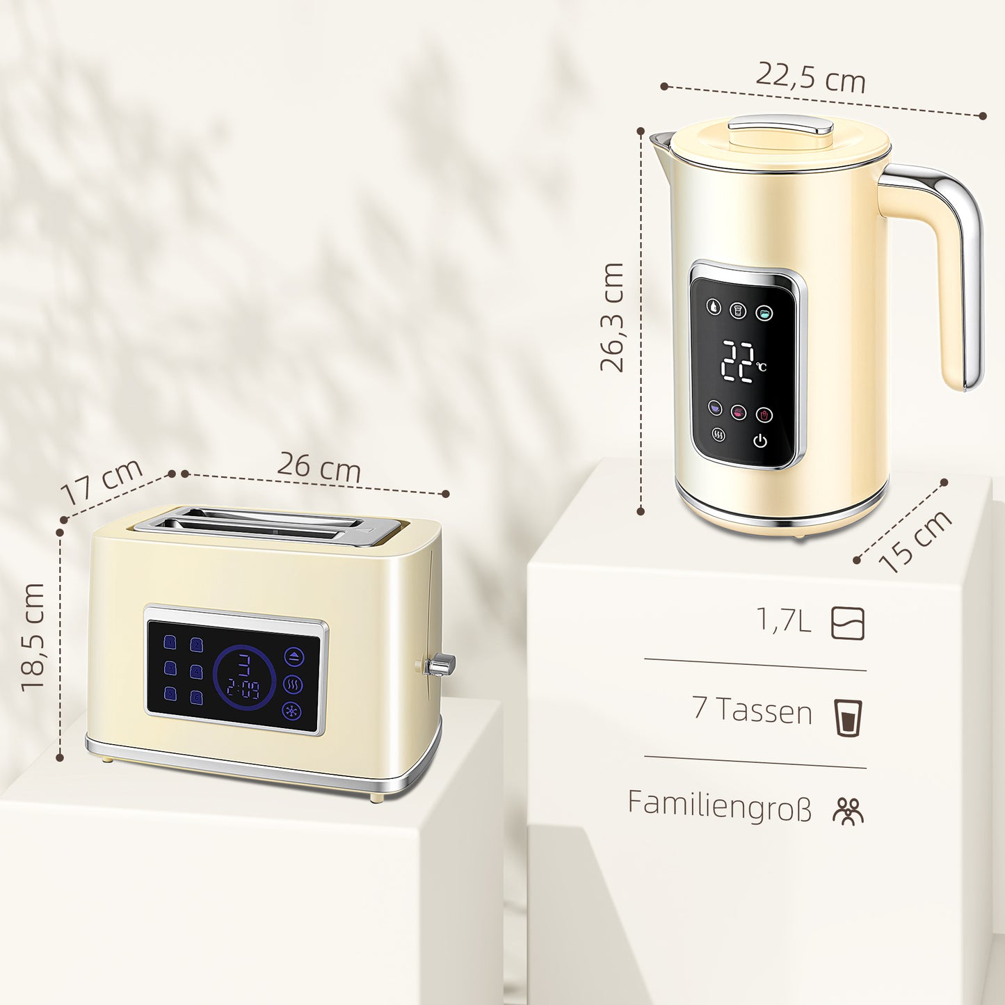 HOMCOM Wasserkocher und Toaster-Set mit LED-Touchscreen, 1,7 L, 2 Toasterschlitze, verschiedene Modi und Funktionen, Cremeweiß