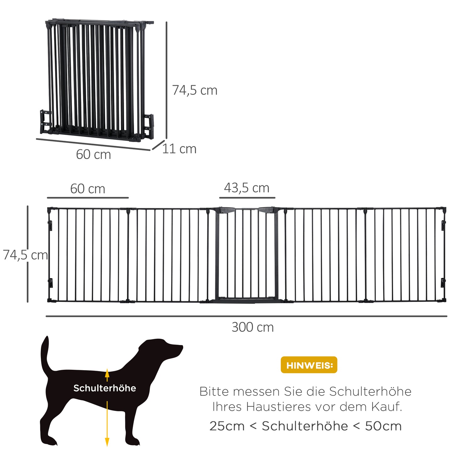 PawHut 2-in-1 Absperrgitter, Haustier-Laufstall, Sicherheitstor, faltbar, Metall, 300 x 3 x 74,5 cm, Schwarz
