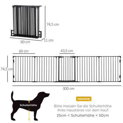 PawHut 2-in-1 Absperrgitter, Haustier-Laufstall, Sicherheitstor, faltbar, Metall, 300 x 3 x 74,5 cm, Schwarz