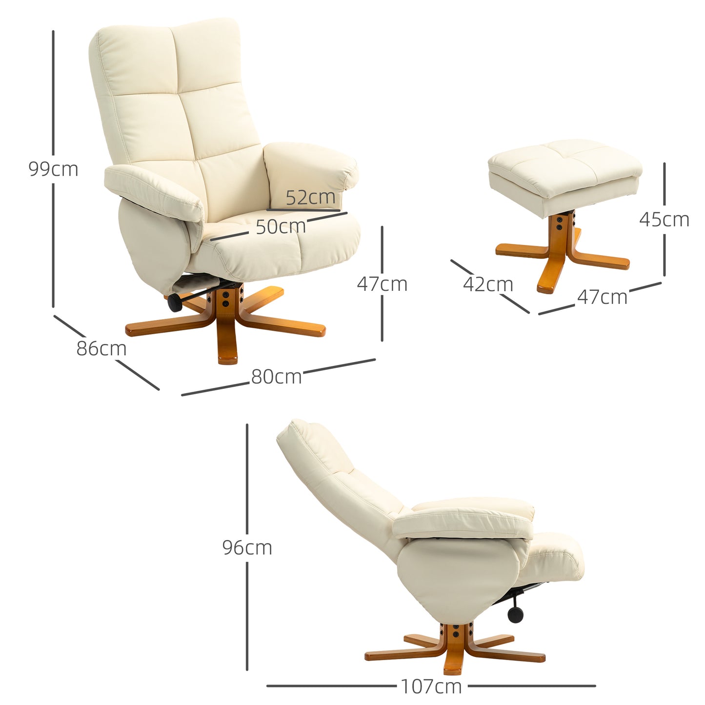 HOMCOM Relaxsessel mit Hocker, 145° neigbare Rückenlehne, 360° drehbar, Kunstleder, Cremeweiß