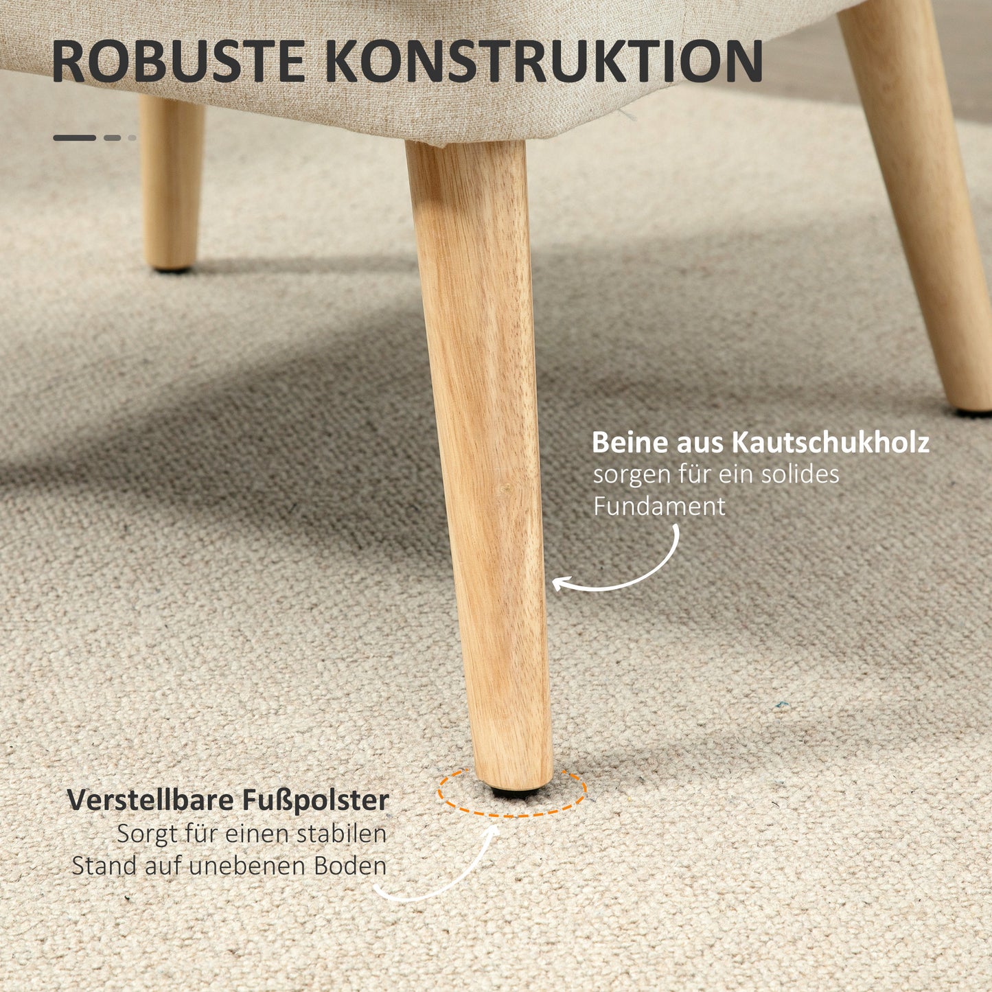HOMCOM Sessel Loungesessel mit Leinenoptik, Armlehne, Gepolstert Relaxsessel mit Holzbeine, für Wohnzimmer, Schlafzimmer, Cremeweiß