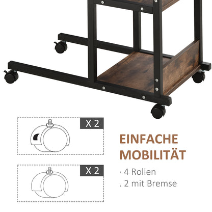 HOMCOM Beistelltisch mit Rollen, höhenverstellbar, kompakt, 2 Ablageböden, Metallrahmen, 80x40x72-82 cm, Braun/Schwarz