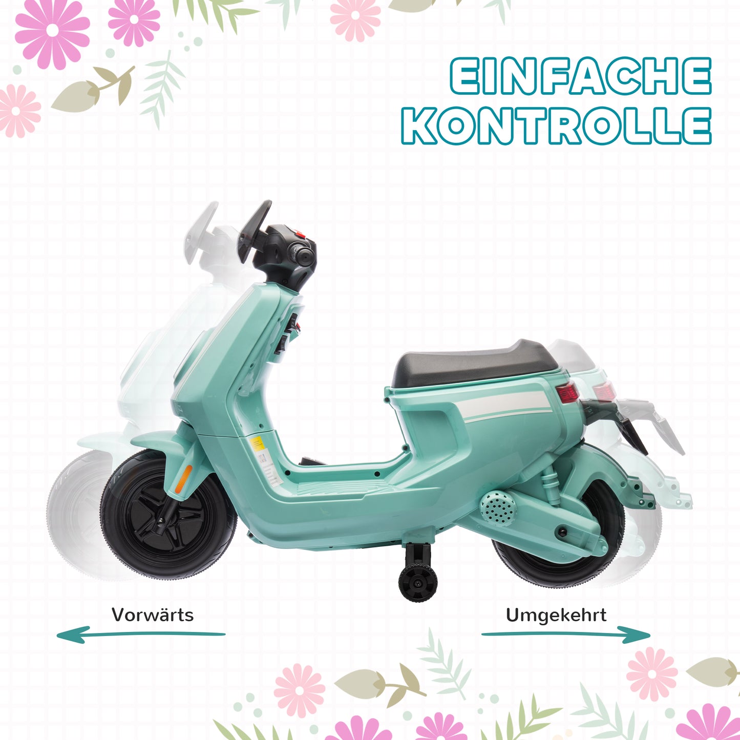 AIYAPLAY 6V Elektro-Motorrad für Kinder, mit Scheinwerfer und Musik, Vor- och Rückwärtsgang, Trainingsräder, 18-36 Monate, Grün