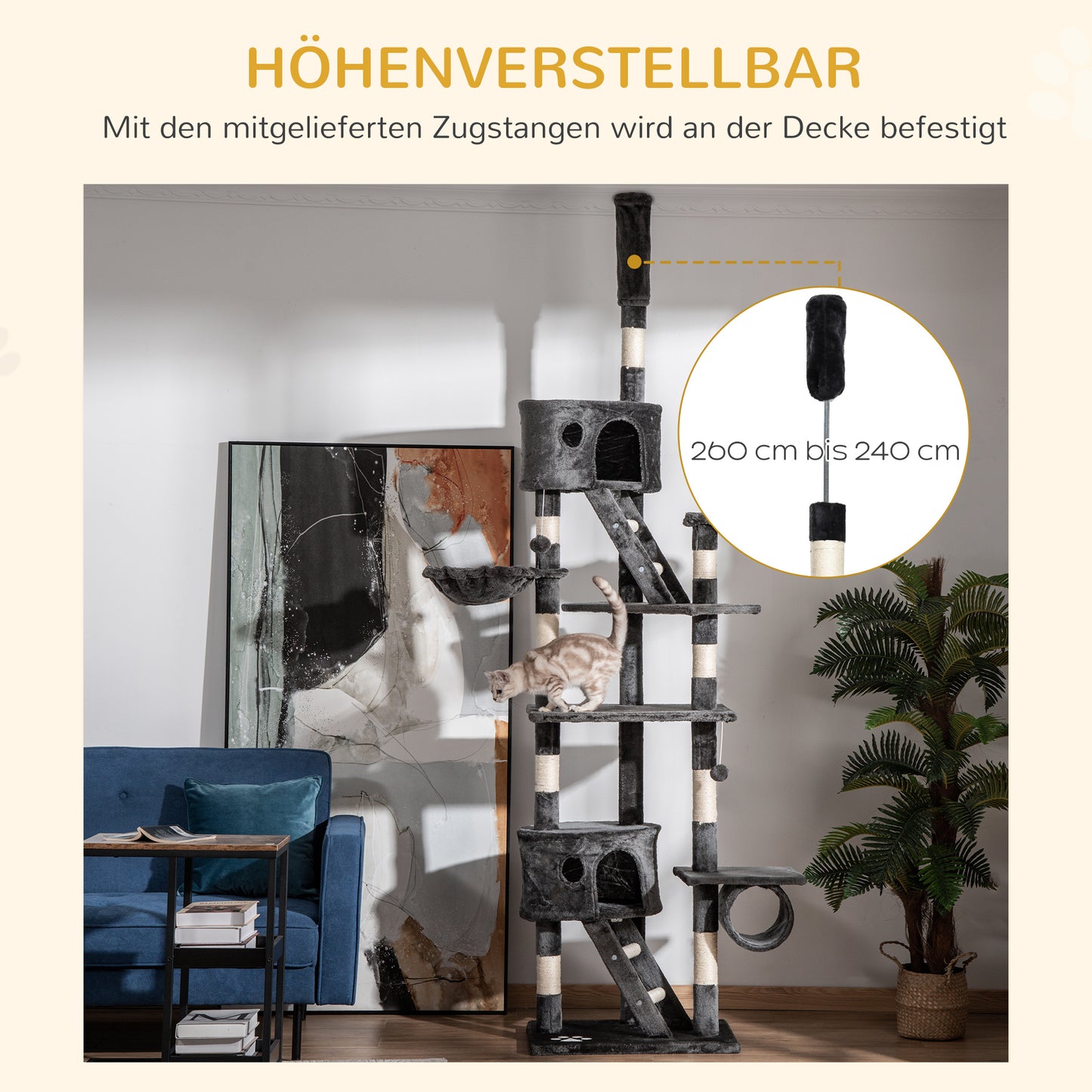 PawHut Kratzbaum deckenhoch Höhe 240-260 cm Katzenbaum mit Plüschbälle, Katzenhöhle, Hängematte, Sisalstämme, Plattformen mehrstöckiger Katzenkratzbaum Kletterbaum für große Katzen, Dunkelgrau