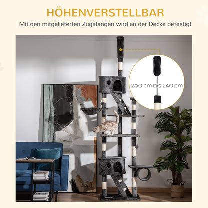 PawHut Kratzbaum deckenhoch Höhe 240-260 cm Katzenbaum mit Plüschbälle, Katzenhöhle, Hängematte, Sisalstämme, Plattformen mehrstöckiger Katzenkratzbaum Kletterbaum für große Katzen, Dunkelgrau