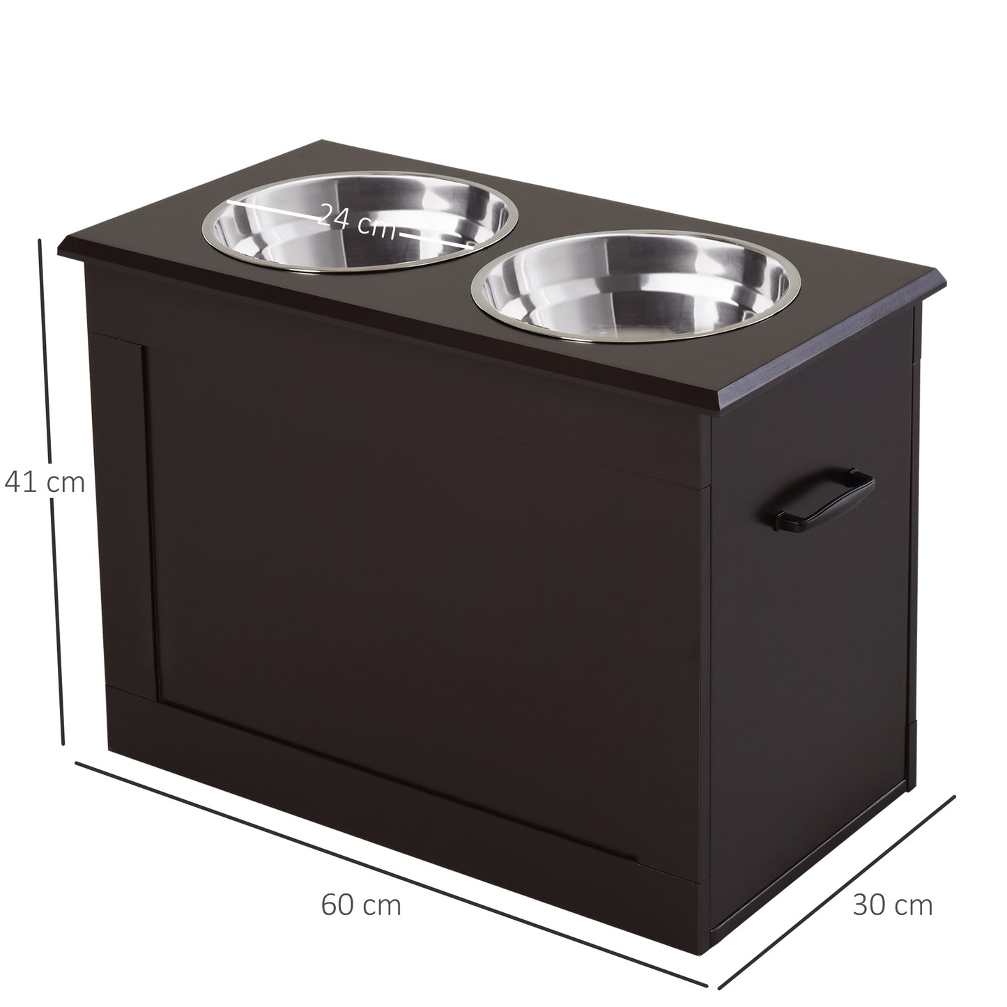 PawHut Futterstation, 2 Fressnäpfe aus Edelstahl, versteckter Stauraum, 60 cm x 30 cm x 41 cm, Schwarz + Silber