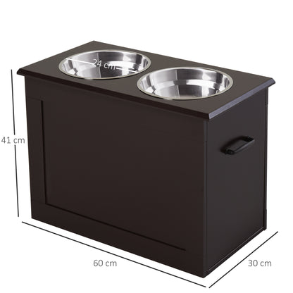 PawHut Futterstation, 2 Fressnäpfe aus Edelstahl, versteckter Stauraum, 60 cm x 30 cm x 41 cm, Schwarz + Silber