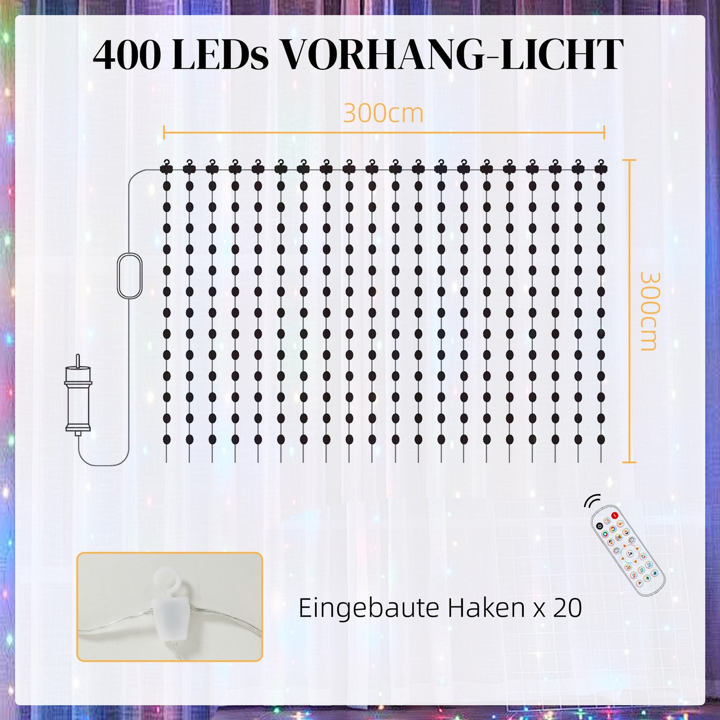 HOMCOM Vorhang mit 400 LED-Lichtern، Dynamische Lichterketten mit Musiksynchronisation für Schlafzimmer، Wohnzimmer، 3 x 3 م