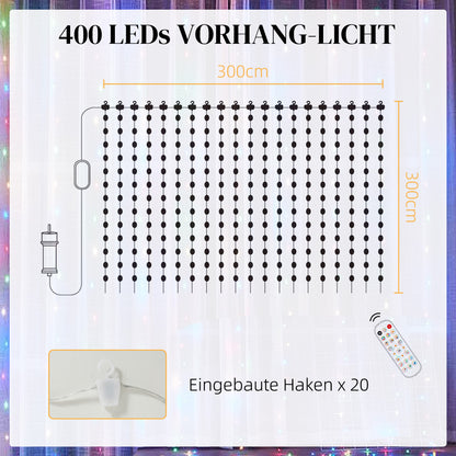 HOMCOM Vorhang mit 400 LED-Lichtern، Dynamische Lichterketten mit Musiksynchronisation für Schlafzimmer، Wohnzimmer، 3 x 3 م