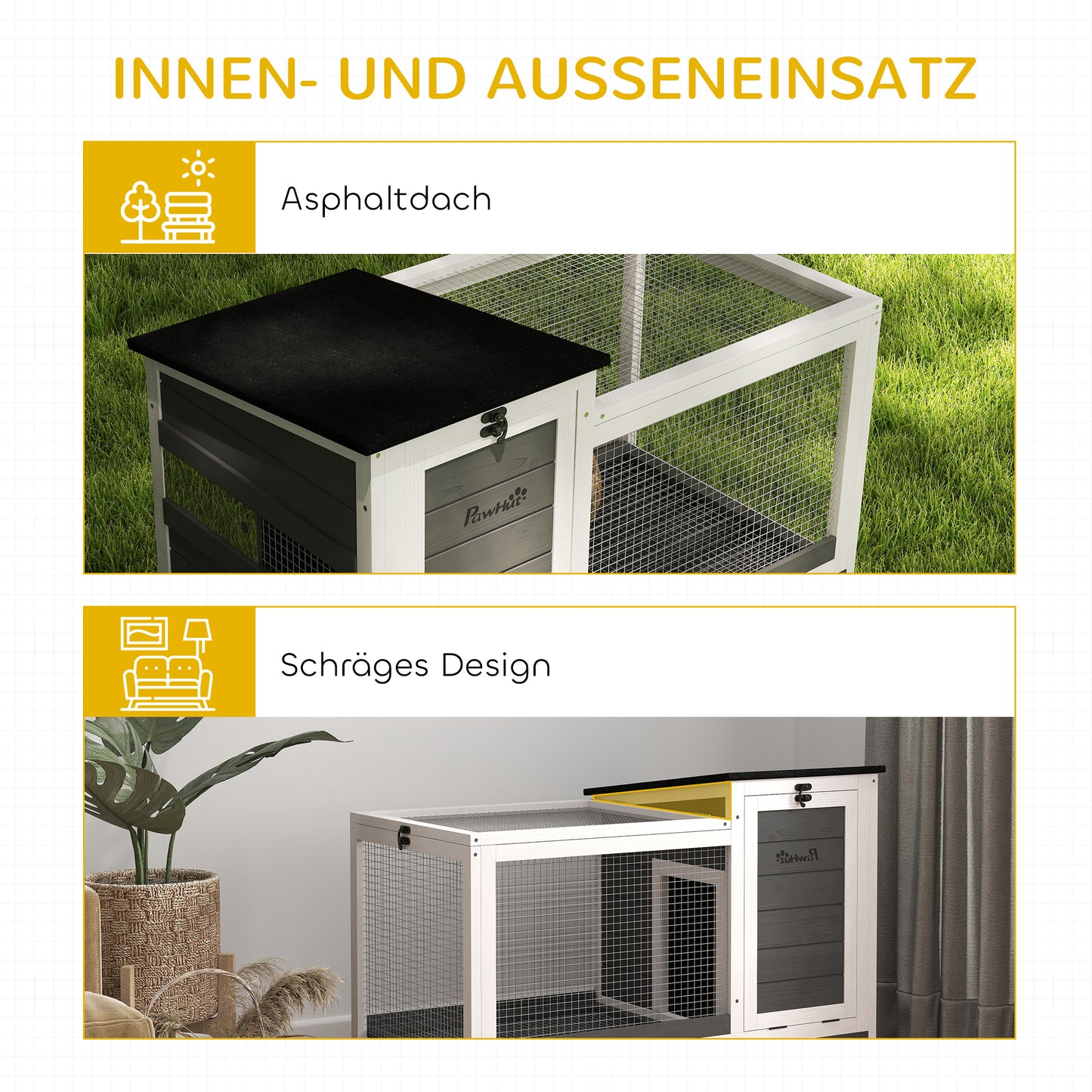 PawHut Kaninchenstall aus Holz Hasenstall mit Freilaufgehege Rädern Klappdach für Innen, draußen 92 x 52 x 67 cm Dunkelgrau
