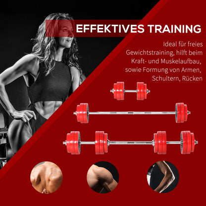 HOMCOM Hantelset 20/30KGS 2-IN-1 Hanteln&Langhanteln verstellbar Gewichtheben für Zuhause Fitness Muskel Stahl PP-Kunsstoff Eisen Sand Rot+Schwarz 21,5 x 21,5 x 3,8 cm