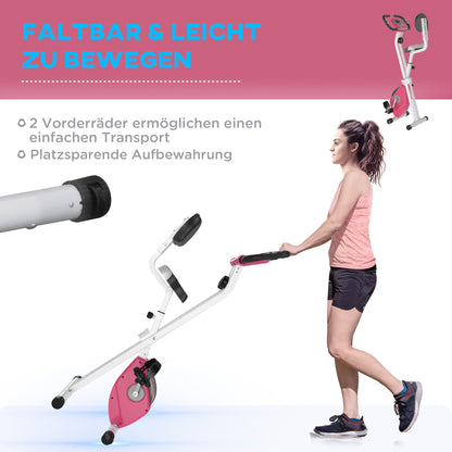 HOMCOM Heimtrainer Fahrradtrainer klappbar Magnetisch Hometrainer Fahrrad mit LCD Monitor, 8 stufig einstellbarem Magnetwiderstand, Platzsparend Fitnessbikes für Zuhause Rosa+Weiß