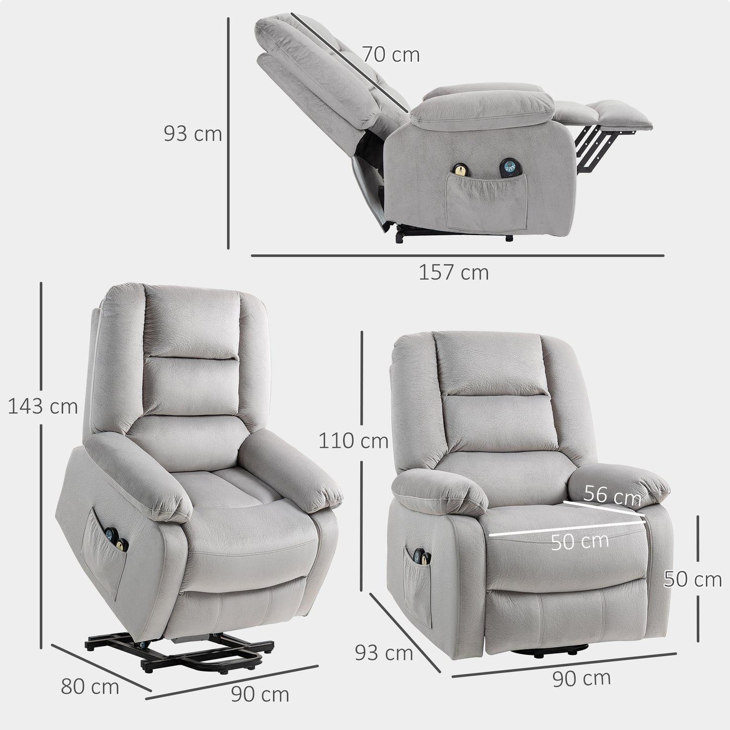 HOMCOM Aufstehsessel mit Massagefunktion, 90x93x110cm, Hellgrau