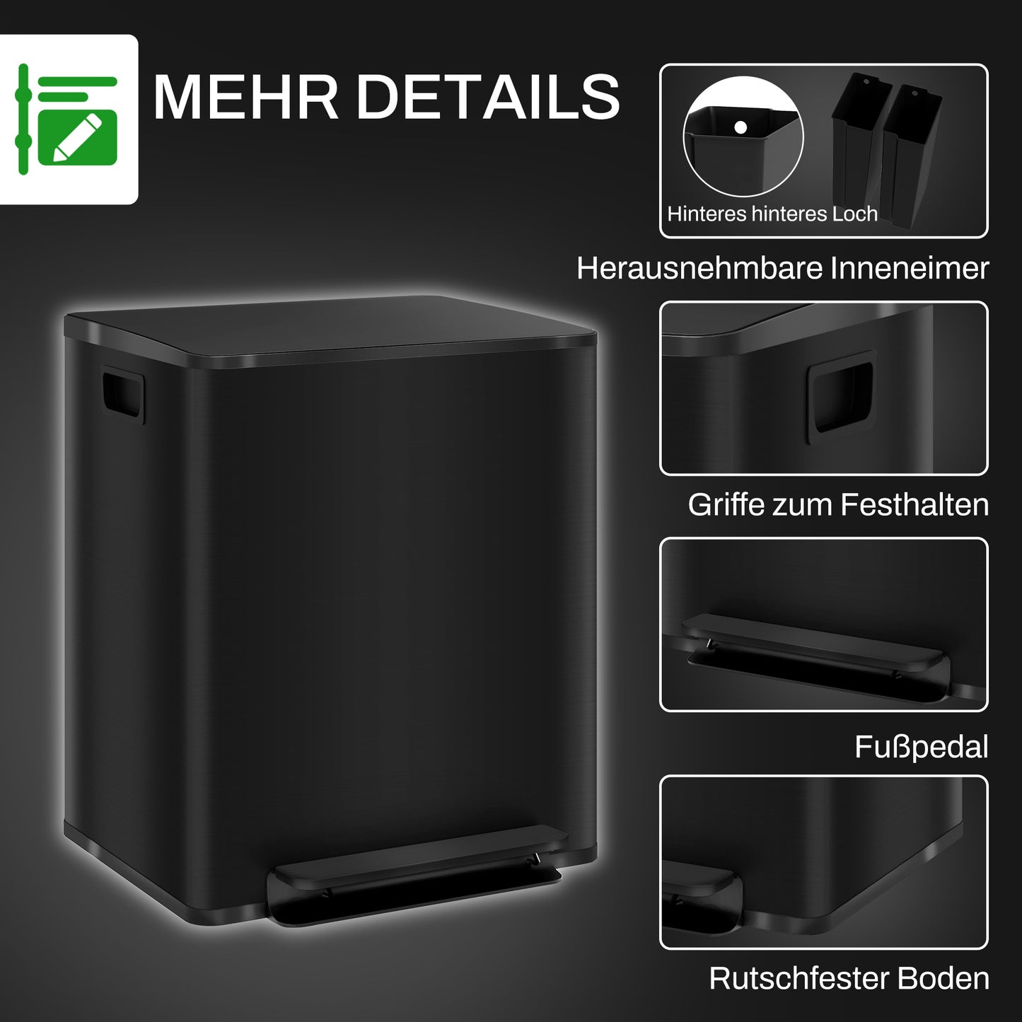 HOMCOM Mülleimer mit 2x25L Fächern, Soft-Close-Deckel, Fingerabdrucksicher, Edelstahl, Schwarz