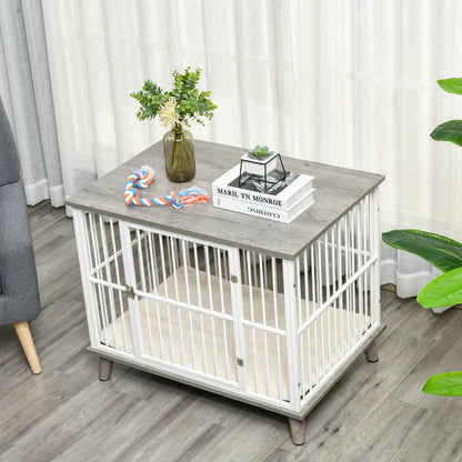 PawHut Hundekäfig aus Holz, Hundebox, Transportbox, mit Kissen, 86 cm x 60 cm x 70 cm Holzwerkstoff Stahl Weiß + Grau