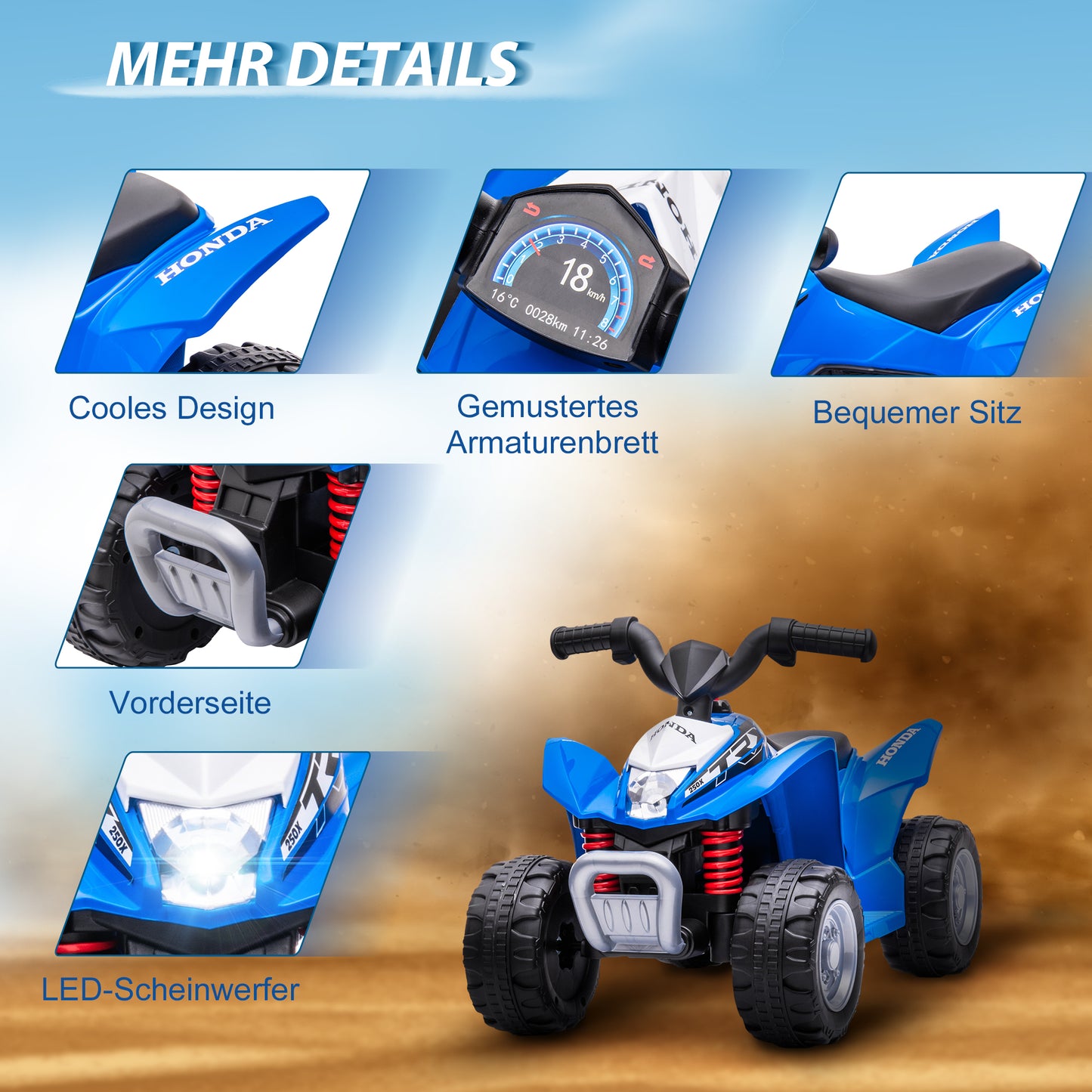 AIYAPLAY Elektro-Kinderquad, LED-Licht, Hupe, breite Reifen, bequemer Sitz, rutschfeste Griffe, Blau