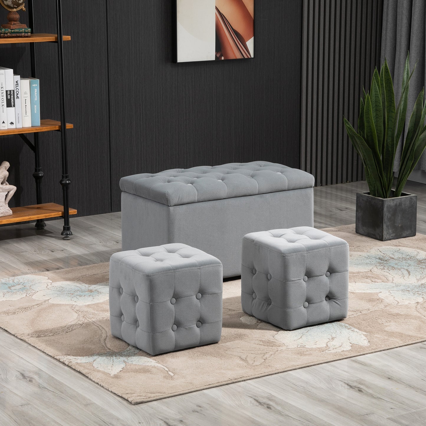 HOMCOM 3-teiliges Set mit Stauraum, 2 x Sitzhocker, Polster-Sitztruhe, Fußhocker, Aufbewahrungsbox, Fußablage, belastbar bis 130 kg, Mikrofaserstoff, Schaumstoff, 75 x 40 x 42 cm, Hellgrau