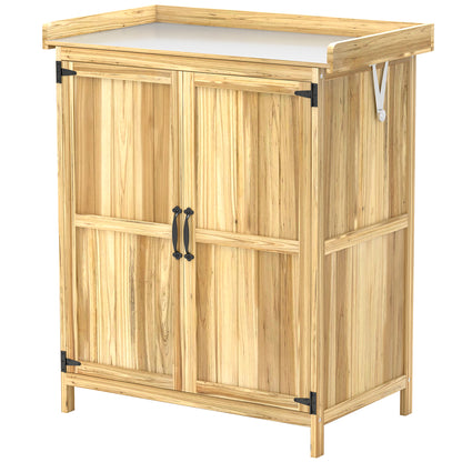 Outsunny Gartenschrank, Werkzeugschrank für den Außenbereich, mit Arbeitsfläche, Holz und Edelstahl, Doppeltüren, Naturholz