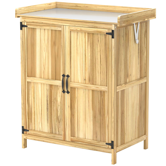 Outsunny Gartenschrank, Werkzeugschrank für den Außenbereich, mit Arbeitsfläche, Holz und Edelstahl, Doppeltüren, Naturholz