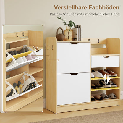 HOMCOM Schuhregal für Flur, Schuhschrank mit Kippschubladen, offenen Regalen, 4 Haken, für bis zu 14 Paar Schuhe, Natur