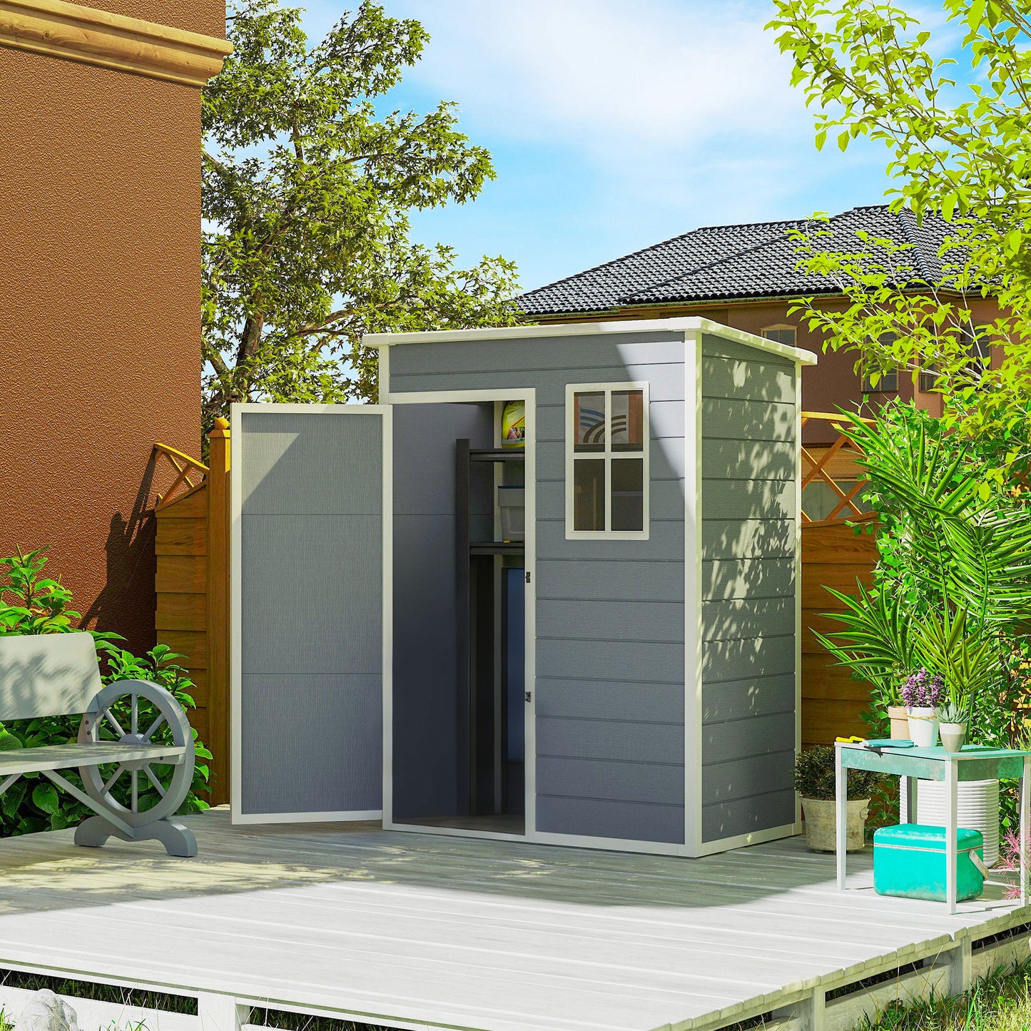 Outsunny Gerätehaus Kunststoff 1,14m² 151 x 92 x 193cm Geräteschuppen mit Pultdach Boden Fenster Grau