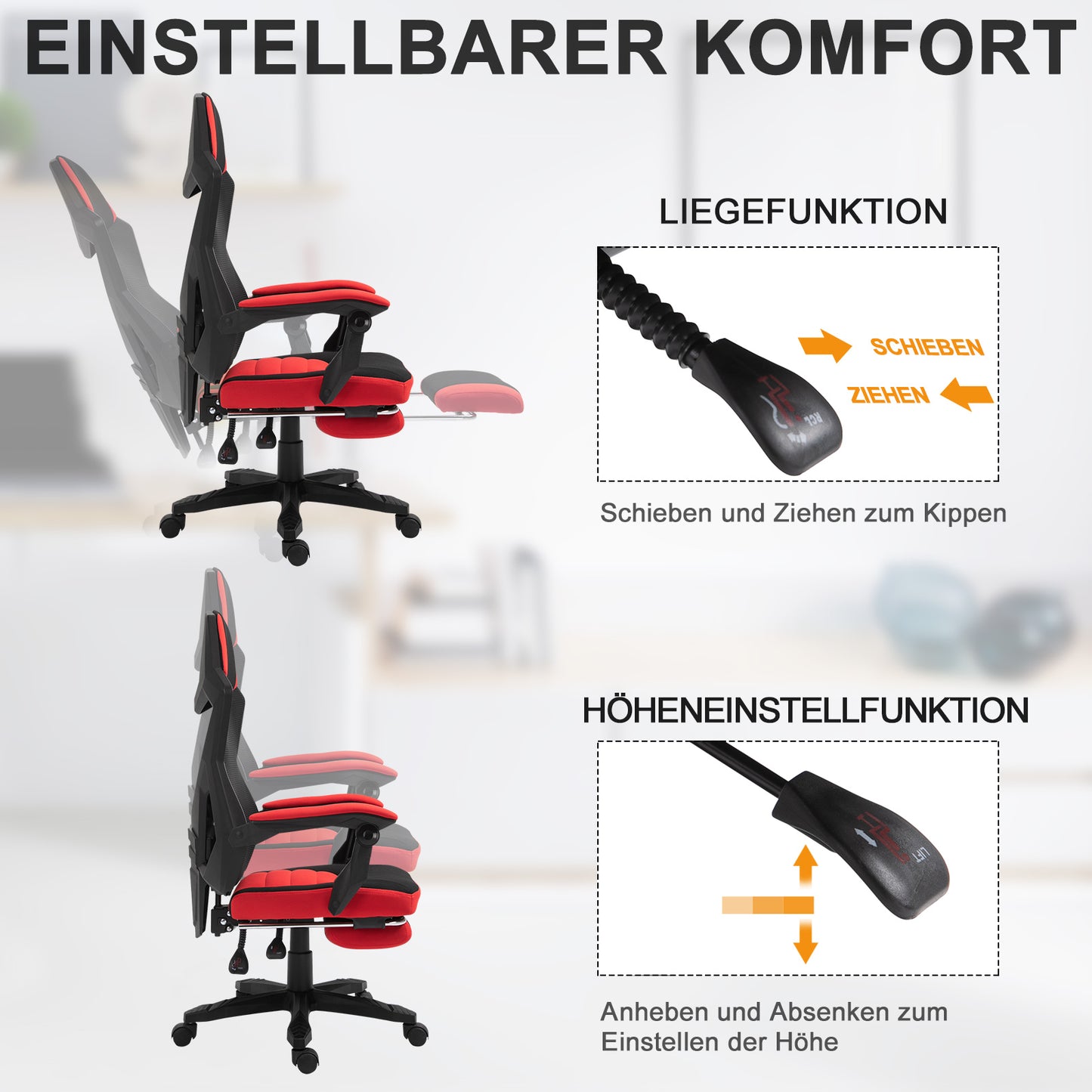 Vinsetto Ergonomischer Bürostuhl, Gaming Stuhl, Drehstuhl mit Fußstütze, PC Stuhl, Chefsessel, höhenverstellbar, Polyester, Schwarz+Rot,58 x 63 x 112-122 cm