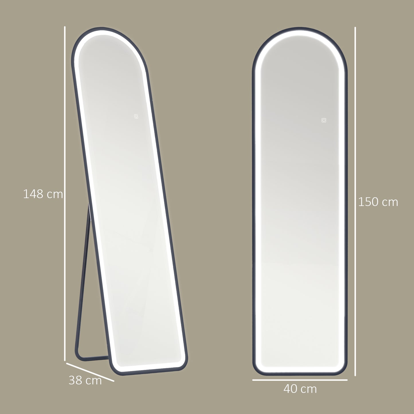 HOMCOM Ganzkörperspiegel, 150 x 40 cm, Freistehender Spiegel mit dimmbaren LED-Lichtern für Wohnzimmer, Schlafzimmer