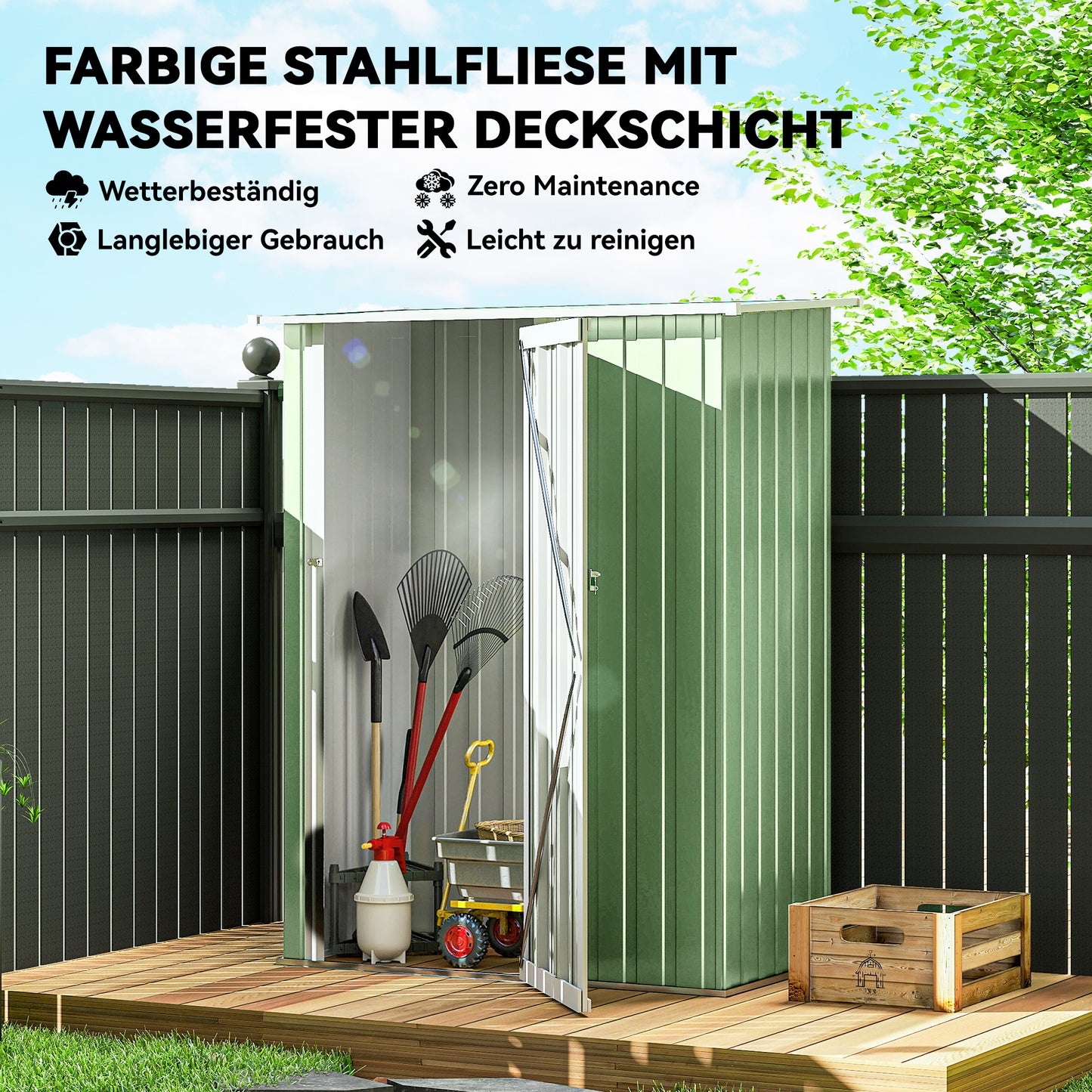 Outsunny Metall Gerätehaus 1,07 m² mit Schrägdach, 142 x 84 x 189 cm Geräteschuppen mit abschließbar Tür, Garten Schuppen, Gartenhaus Grün