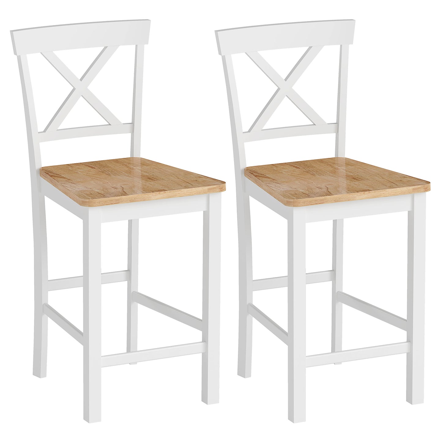 HOMCOM 2er-Set Barstühle mit Rückenlehne und Fußstütze, Kautschukholz, für Küche, Esszimmer, Bar, Eiche+Weiß