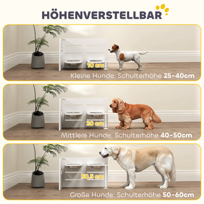 PawHut Hundefutternapf-Gestell, verstellbare Futternäpfe mit separatem Design, 2 Edelstahlschüsseln, Anti-Schling-Matte, Weiß