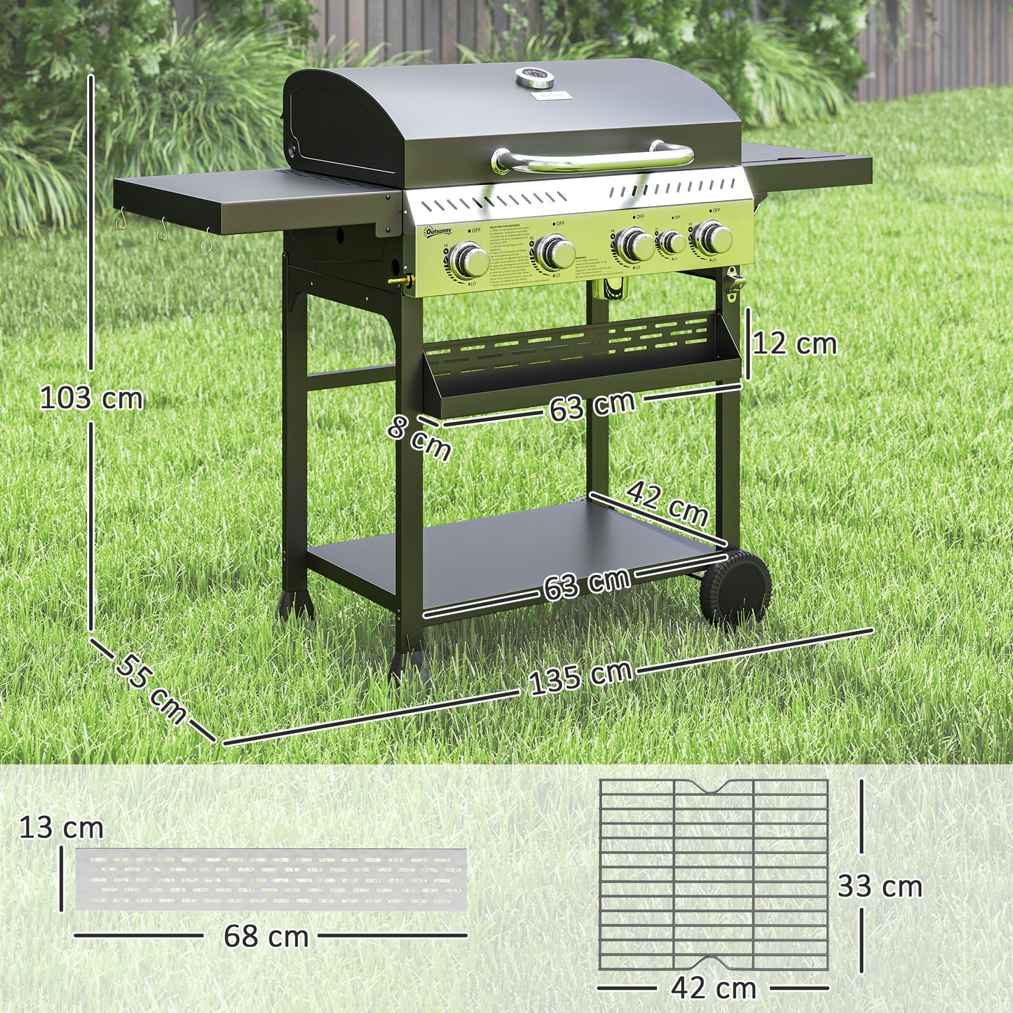 Outsunny Gasgrill, BBQ-Grill, 4 Hauptbrenner, 1 Seitenkocher, 1 Warmhalteplatte; 135 x 55 x 103 cm, Schwarz