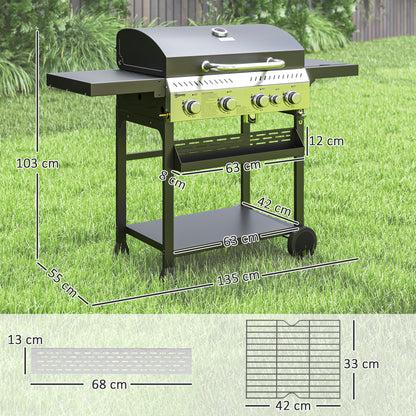 Outsunny Gasgrill, BBQ-Grill, 4 Hauptbrenner, 1 Seitenkocher, 1 Warmhalteplatte; 135 x 55 x 103 cm, Schwarz
