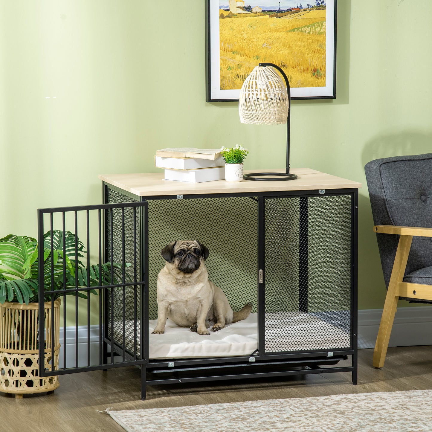 PawHut Hundekäfig, Hundebox, wasserabweisende Matte, herausnehmbare Bodenwanne, verriegelbar, Schwarz, 80 x 55 x 71 cm
