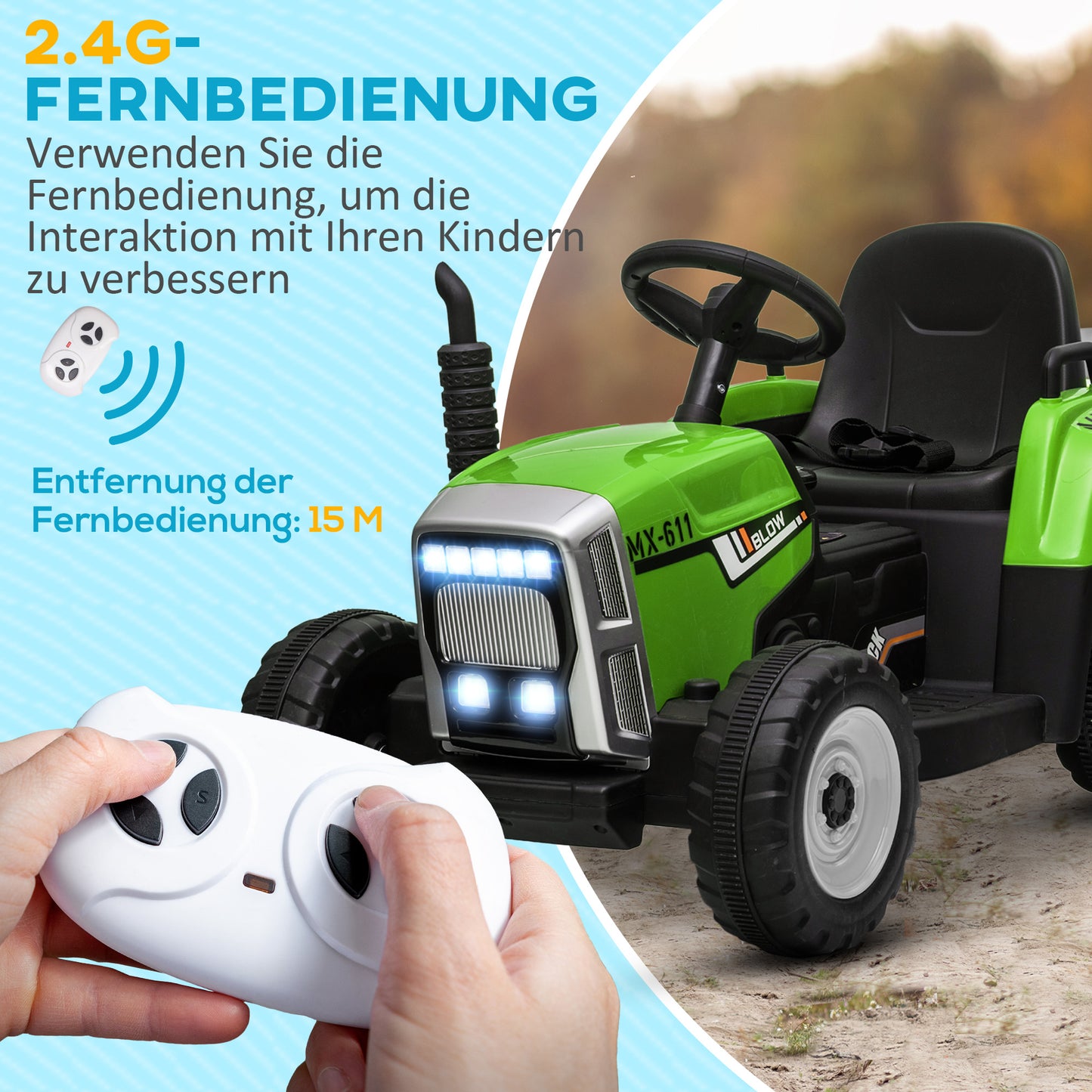 HOMCOM Elektrischen Kinderauto, Kinder-Traktor, inkl. Eltern-Fernbedienung, max. Geschwindigkeit von 6 km/h;, Grün + Schwarz