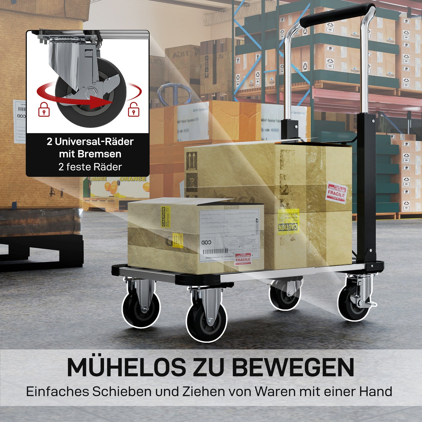 HOMCOM Faltbarer Handwagen, 150 kg Belastbarkeit, erweiterbare Fläche, höhenverstellbarer Griff, für Kisten, Metall, Schwarz