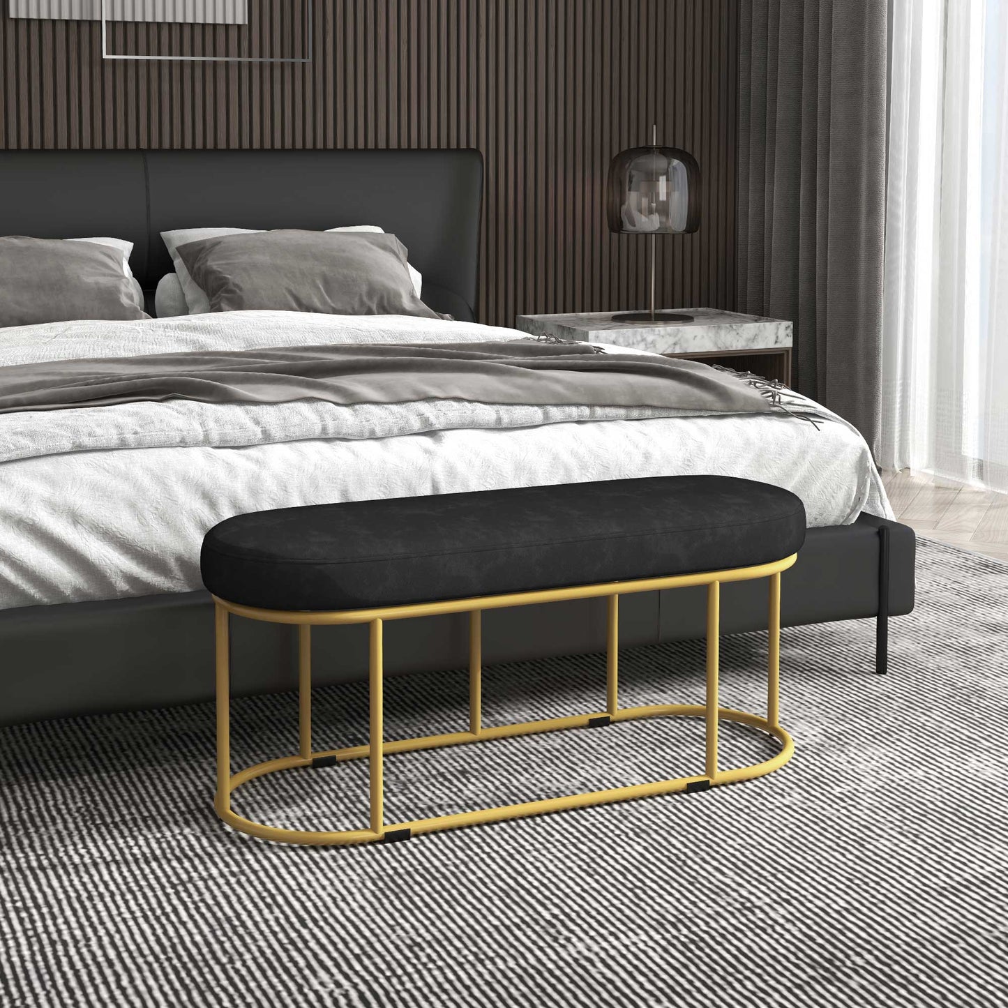 HOMCOM Schuhbank im Retrodesign, Bettbank, Flurbank, Samtoptik, bis 200 kg, Metallrahmen, schwarz, 100 x 37 x 43cm